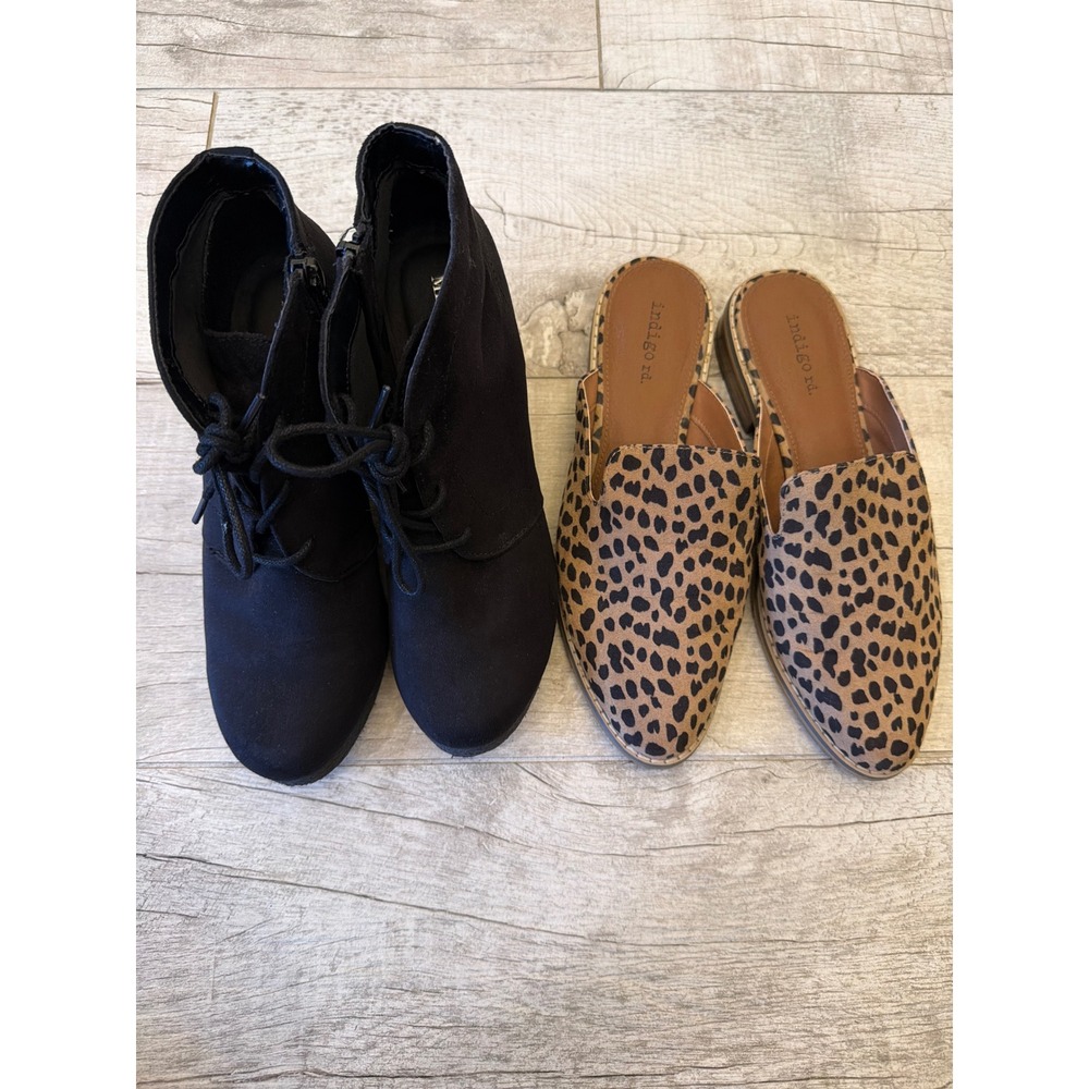 Merona Black Faux Suede Lace Up Wedge Ankle Booties & Cheetah Mules Size 7